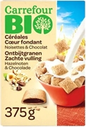 CARREFOUR BIO ONTBIJTGRANEN MET HAZELNOOT- EN CHOCOLADEVULLING, AFKOMSTIG UIT DE BIOLOGISCHE LANDBOUW.